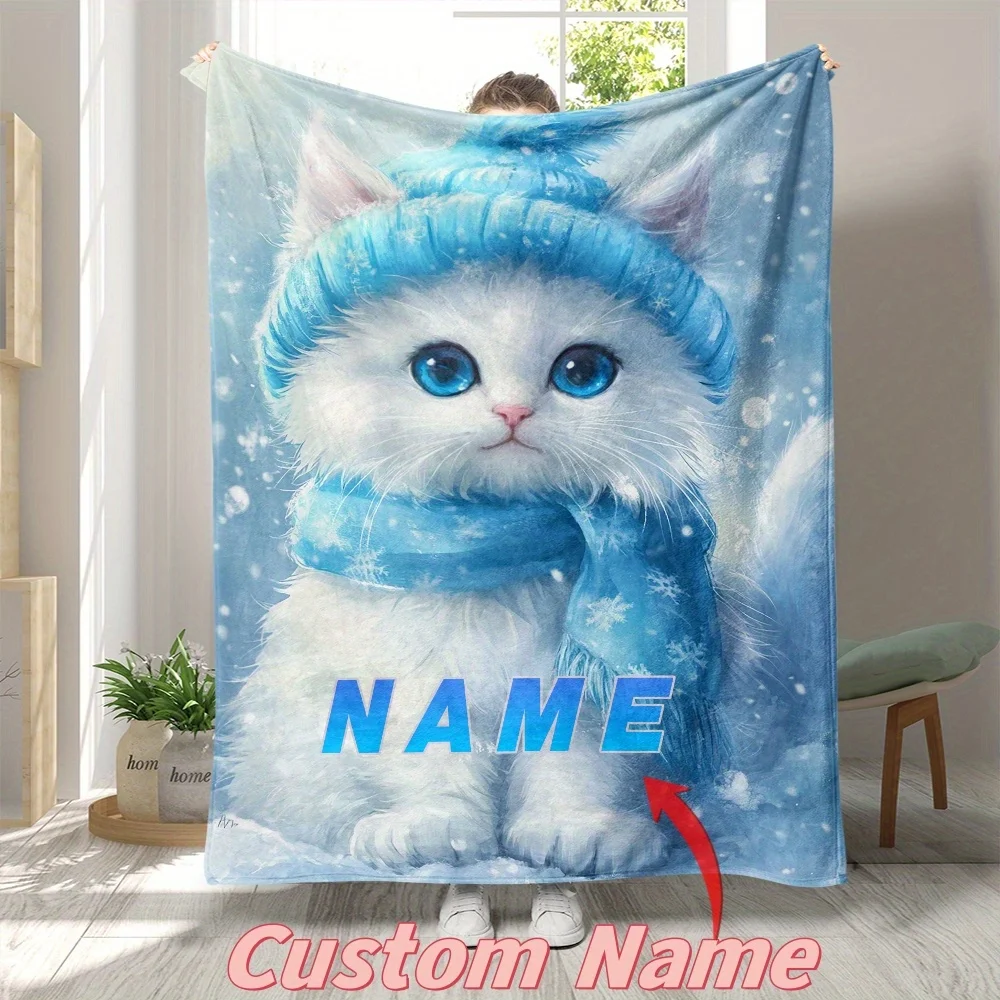 

1 customized cat flannel blanket with the name 'Snowy Warmth' - made of soft polyester fiber, machine washable
