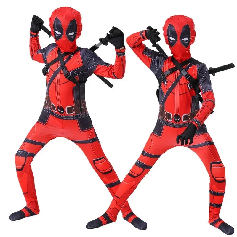 Deadpool Costume Men Women Adult  Kids Cosplay Mask Suit Jumpsuit Backpack Knif Accessories Superhero Halloween Costume Child