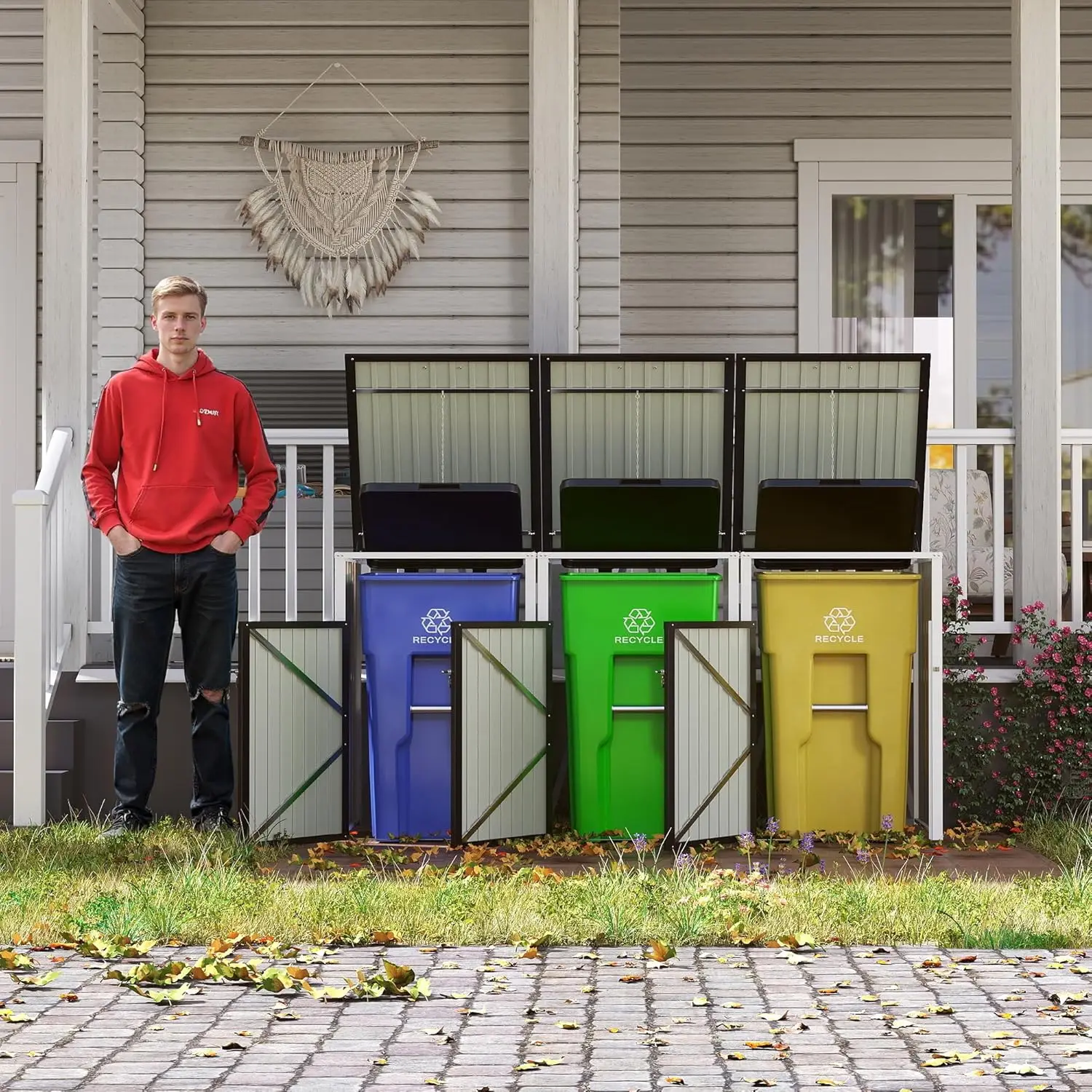 

85 cu ft Metal Outdoor Garbage Bin Storage Shed Chain Lid Waterproof Trash Organizer 3 Bins Garden Yard, Customized