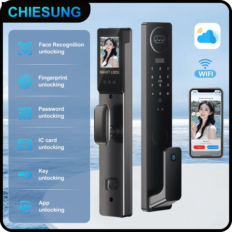 

Smart lock 3D face recognition fingerprint waterproof smart door wifi remote photo capture unlocking with App key NFC RFID Card