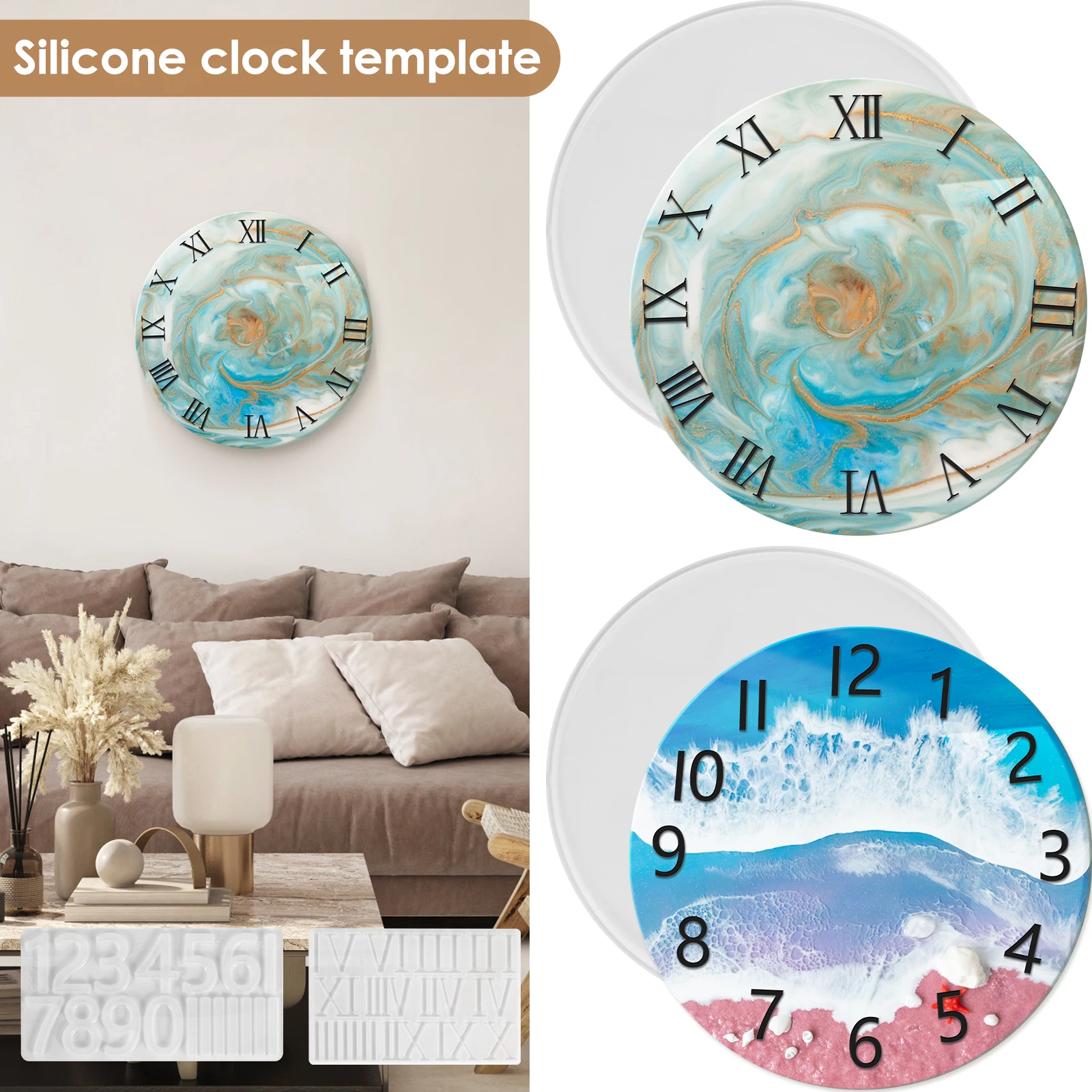 Resin Clock Mold with Arabic/Roman Numeral Mold 14.6inch Silicone Round Clock Making Mold Reusable Large Circle Clock DIY Mould