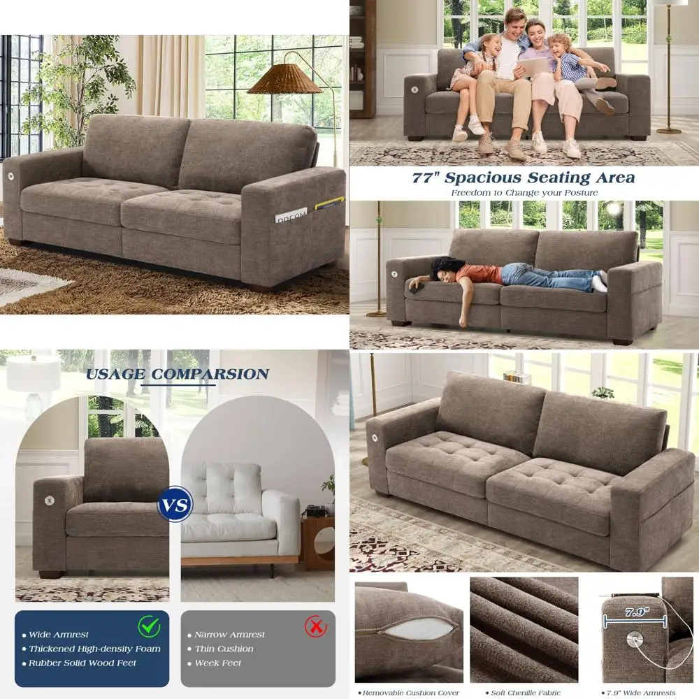 

Chenille Loveseat and 3-Seater Sofa Set with USB Charging, Removable Covers, Solid Wood Frame for Small Living Room