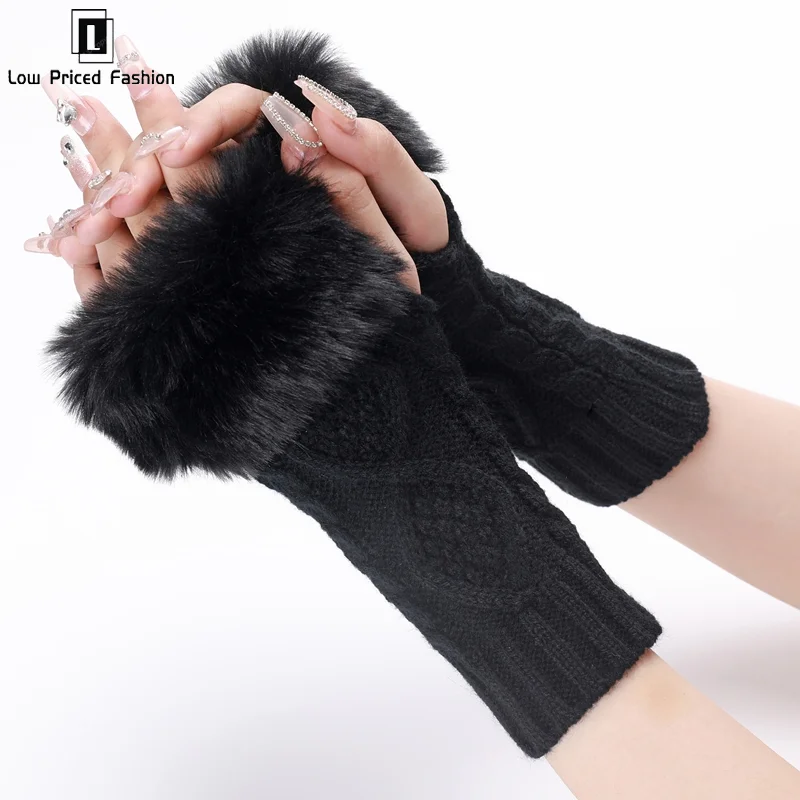 Winter Arm Warmers Knitted Fingerless Gloves Arm Sleeve For Women Girls Thick Warm Mittens Half-finger Lolita Furry Arm Cover