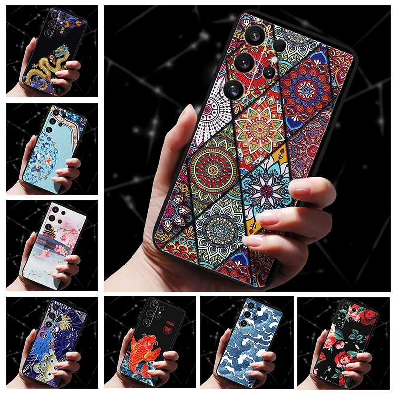 For Samsung Galaxy S25 S24 S23 S22 S21 Ultra Case Retro Emboss 3D Relief Soft Silicone Various Flower Cartoon CoverTPU 3D Relief