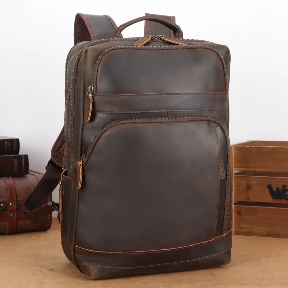 

Factory Wholesale Genuine Full Grain Leather Men's Back Pack School Bag Vintage Outdoor Crazy Horse Cowhide Laptop Backpack