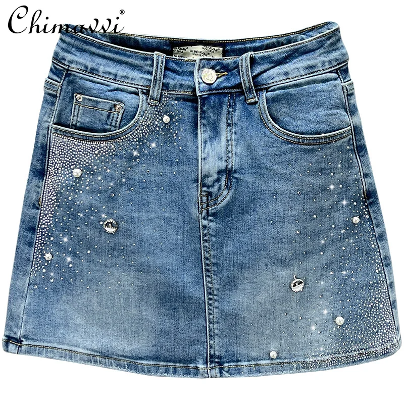 Imagem -06 - Estilo Europeu Saia Jeans para as Mulheres 2023 Nova Moda Verão Elástico Cintura Alta Emagrecimento Elegante Strass Curto Hip Saias