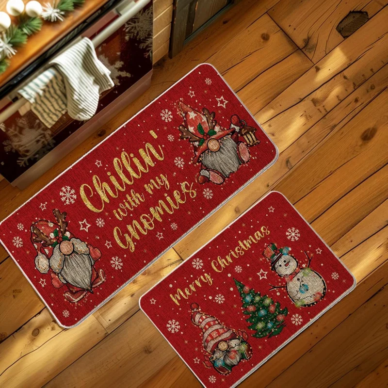 Christmas Kitchen Floor Mat 2-piece Set Dwarf Snowman Home Decoration Outdoor Door Mat 16inX24in 17inX47in