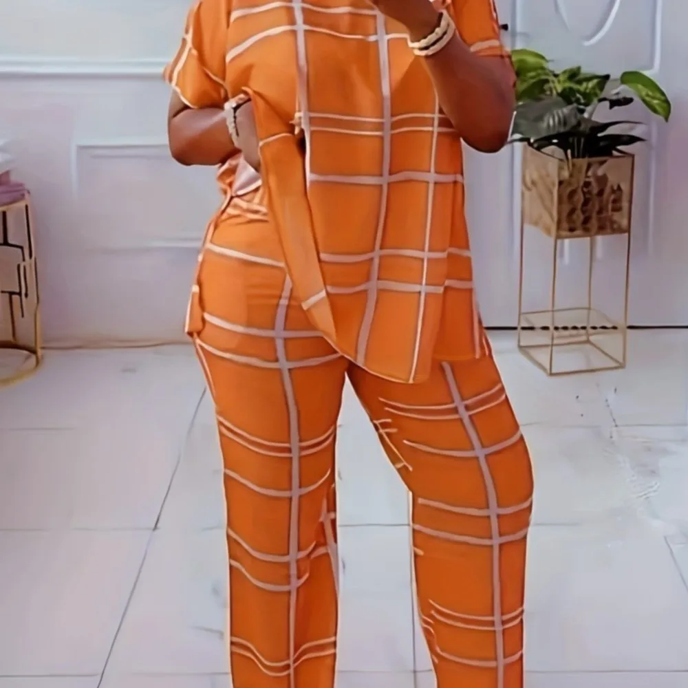 Spring Summer New Fashion Plaid Printed Short Sleeved V Neck Shirt Women Loose Simple Large Size Female Office Pants 2 Piece Set