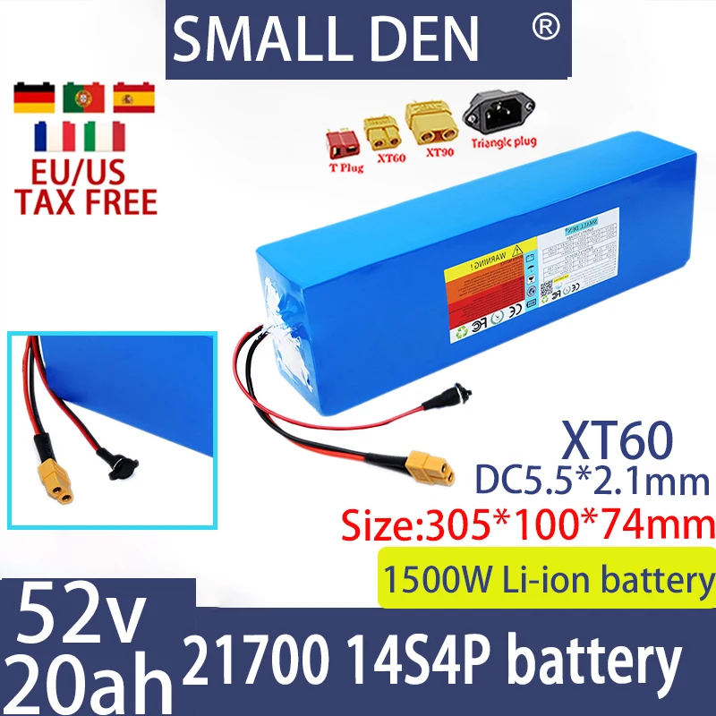 52V 20ah 21700 14S4P lithium-ion battery pack built-in BMS 1500W motor,high-power rechargeable battery tax-free+2A 3A 5A charger