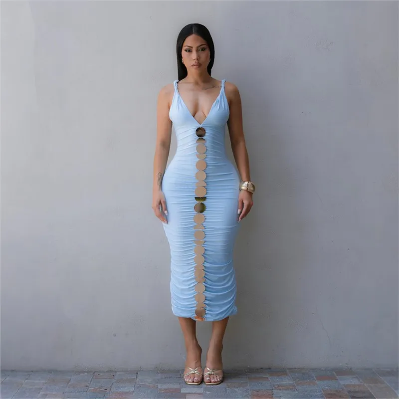 

Summer Fashion Sleeveless Deep V Neck Bodycon Sexy Midi Dresses Birthday Party Ruched Sequined Solid Night Club Dress Vestidos
