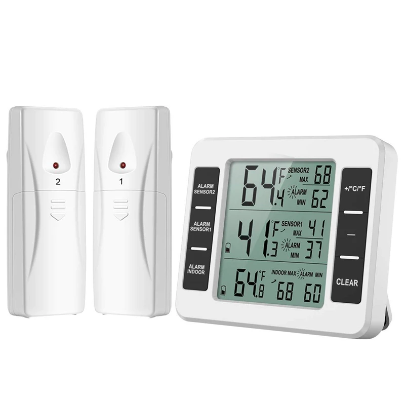 Wireless Refrigerator Thermometer Digital Freezer Thermometer Temperature Monitor With 2 Sensors For Indoor Outdoor White&Black