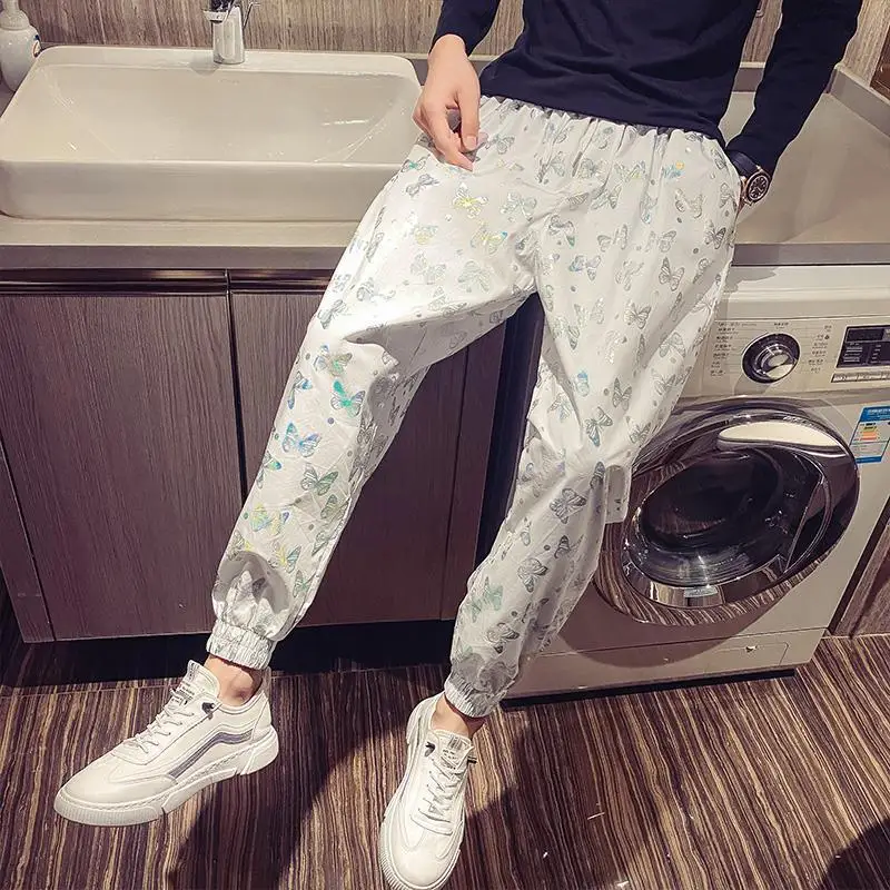 2023 Men\'s Clothing Summer Trend Korean Version Fashion Casual Bow Printed Loose Elastic Waist Sports Lightweight Wide Leg Pants