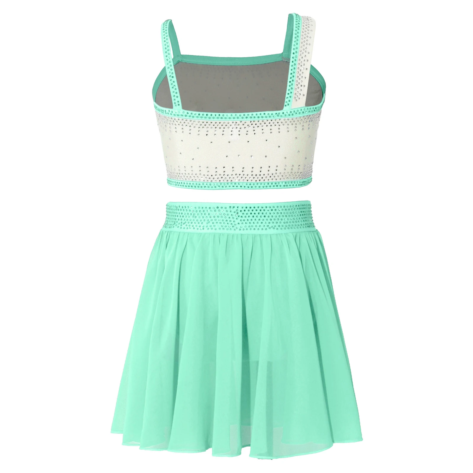 Kids Girls Ballet Modern Dance Outfits Performance Princess Costume Sequin Shell Tassel Shiny Rhinestone Crop Top with Skirts