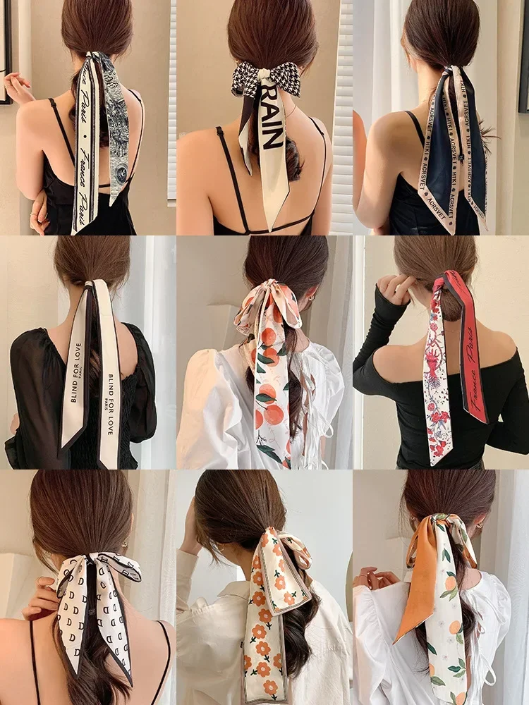 

Silk long Ribbon Elegant Scarf Headband Hair Ties Ponytail Holder Bowknot Elastic Hairbands For Women Girls Hair Accessories