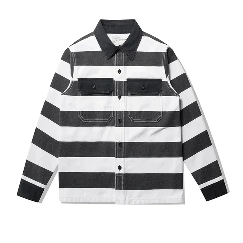 

Outdoor Trekking Camping Hunting AMIKAJI Shirt 16oz Heavyweight Prisoner Striped Jacket Thick Canvas Motorcycle Coat