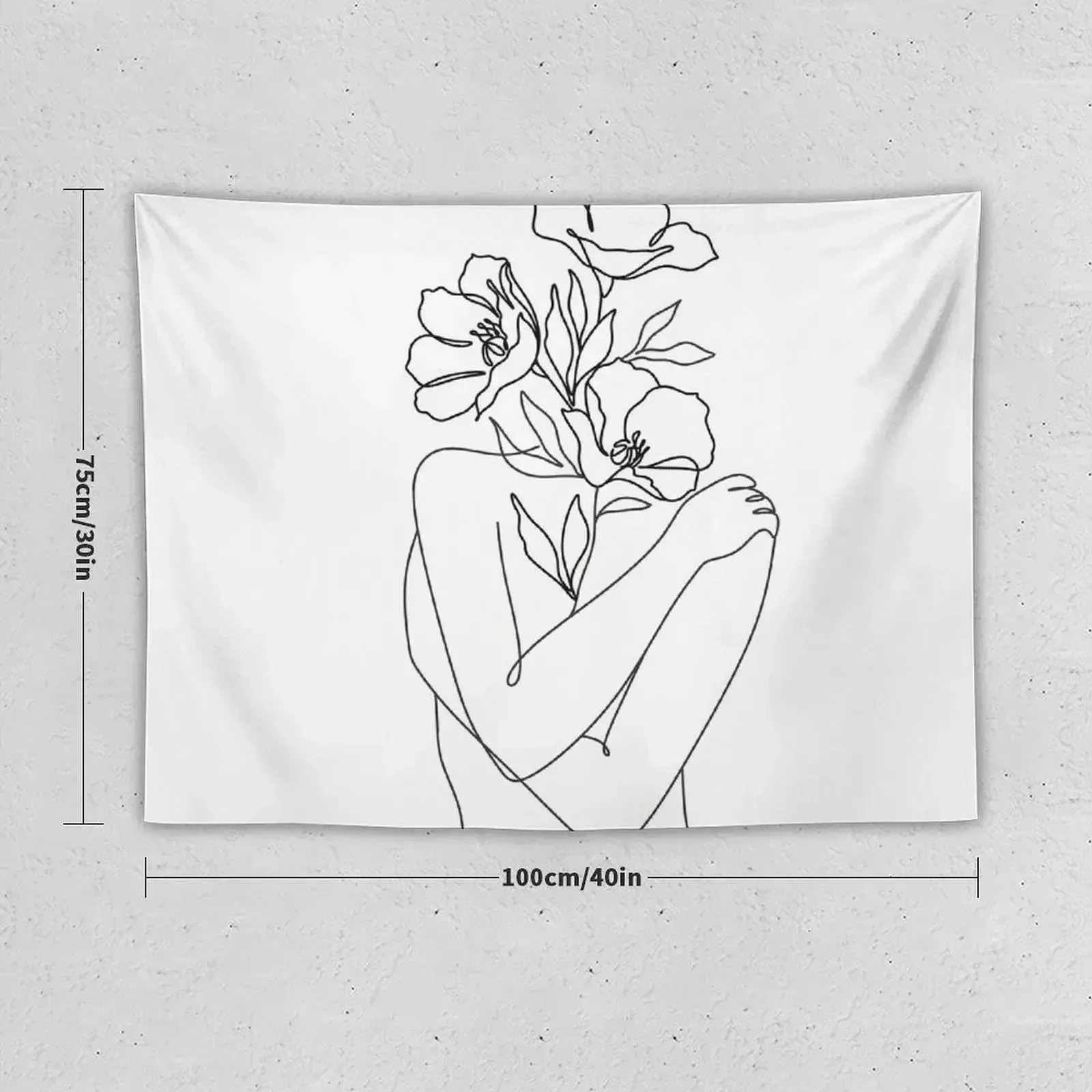 Flowers grow out Line Art Print. Woman With Flowers. Nude Line Art. Tapestry Decor For Bedroom Wall Decoration Items Tapestry