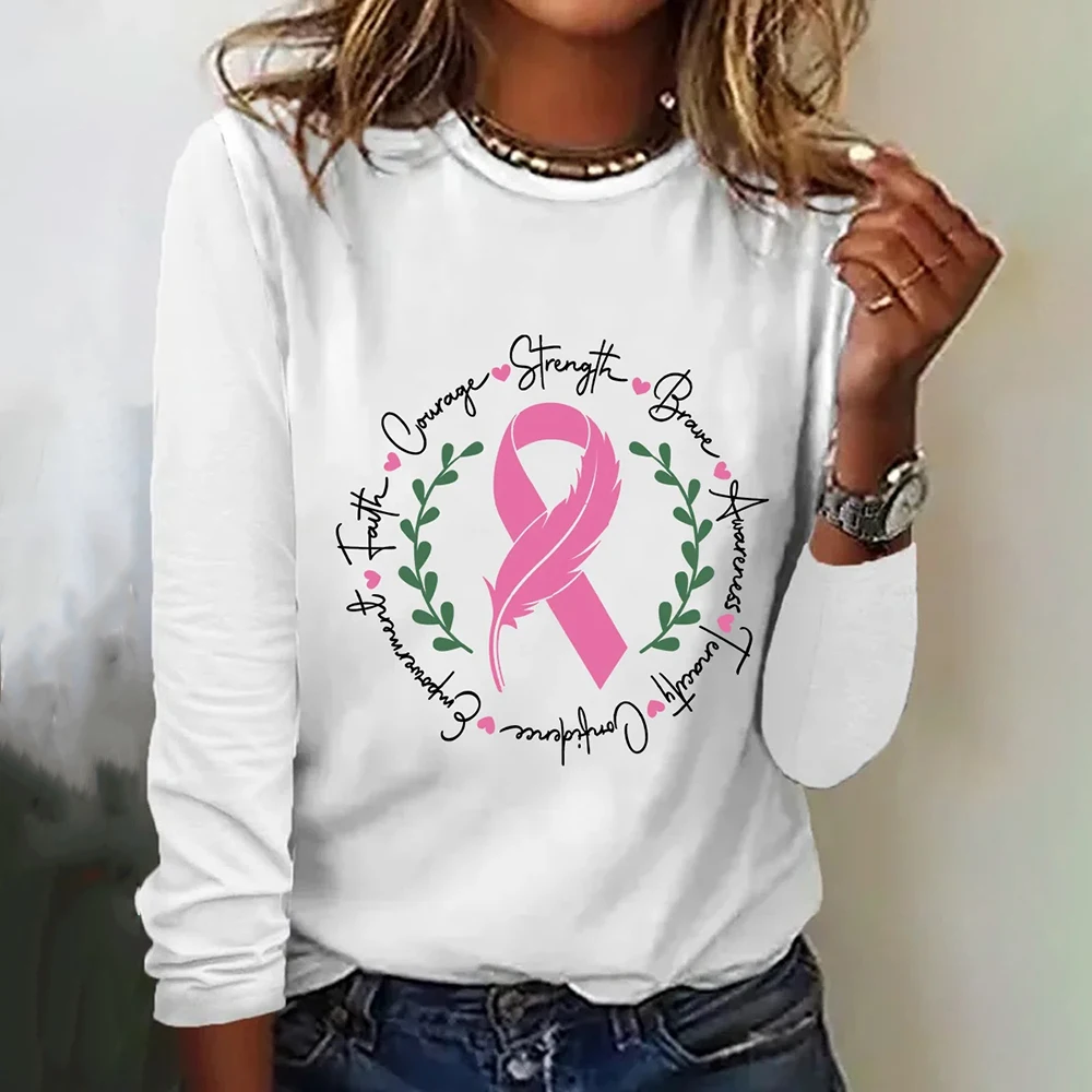 Fall Cotton Long Sleeves T shirt Pink Ribbon Letter Pattern Women's T-shirts Casual Loose O-neck Women Clothing Streetwear Tops