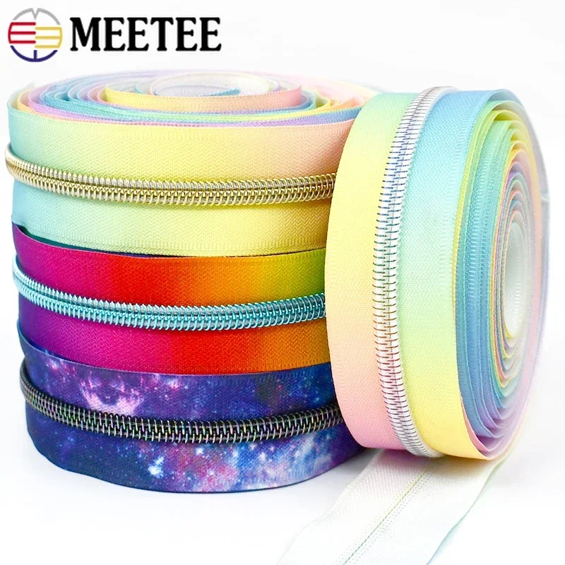 1/2/3M 5# Meetee Printed Nylon Zippers Plastic Decorative Zips Bag Luggage Zipper Coil Roll Rainbow Zip Closures Repair Kit