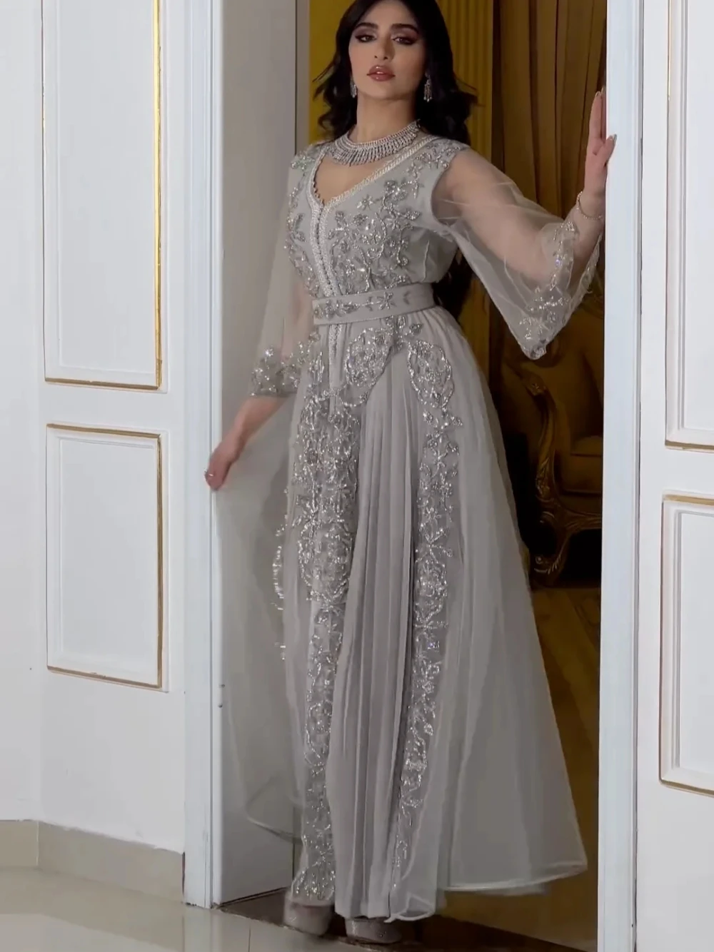 Arabski Haute Couture dekolt w serek suknia wieczorowa Party błyszczący kaftan linia A suknie balowe elegancka suknia z koralikami Vestido De Gala dostosowane