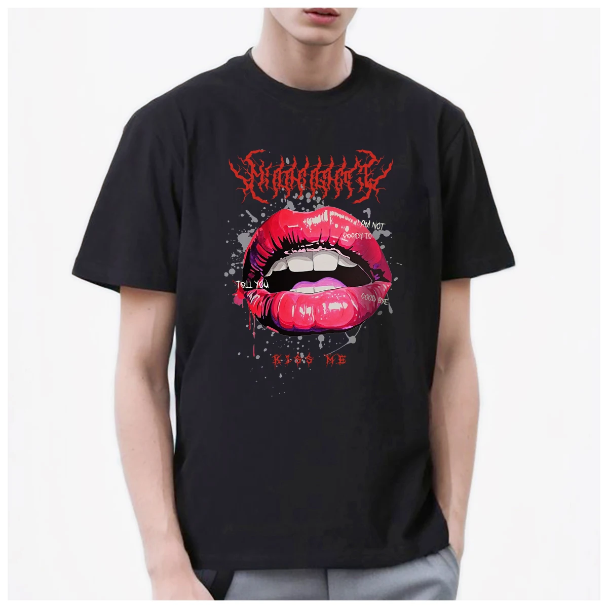 Hiphop lips death metal kiss me funny t shirt mens Women Trendy Fashion 100% Cotton summer casual Streetwear Unisex couple Y2k