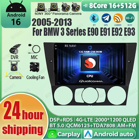 

Android 16 wifi+4G Carplay Car Radio For BMW E90 E91 E92 E93 3 Navigation GPS Video Player Stereo Multimedia DVD BT DSP AI voice