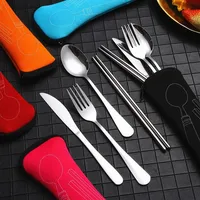 7Pcs/Set Dinnerware Portable Printed Stainless Steel Spoon Fork Steak Knife Set Travel Cutlery Tableware with Bag Spoon Set