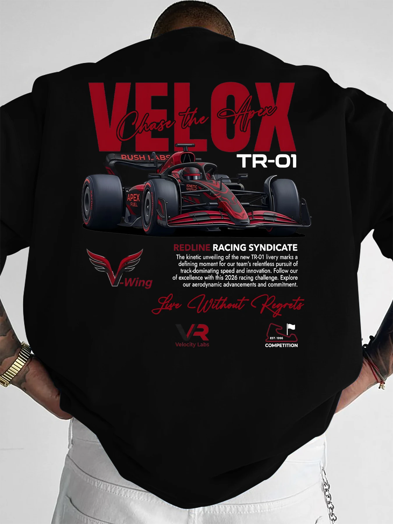 Oversized Drop Shoulder Men T-shirt, Red Race Car Poster Back Print Streetwear Casual Tee