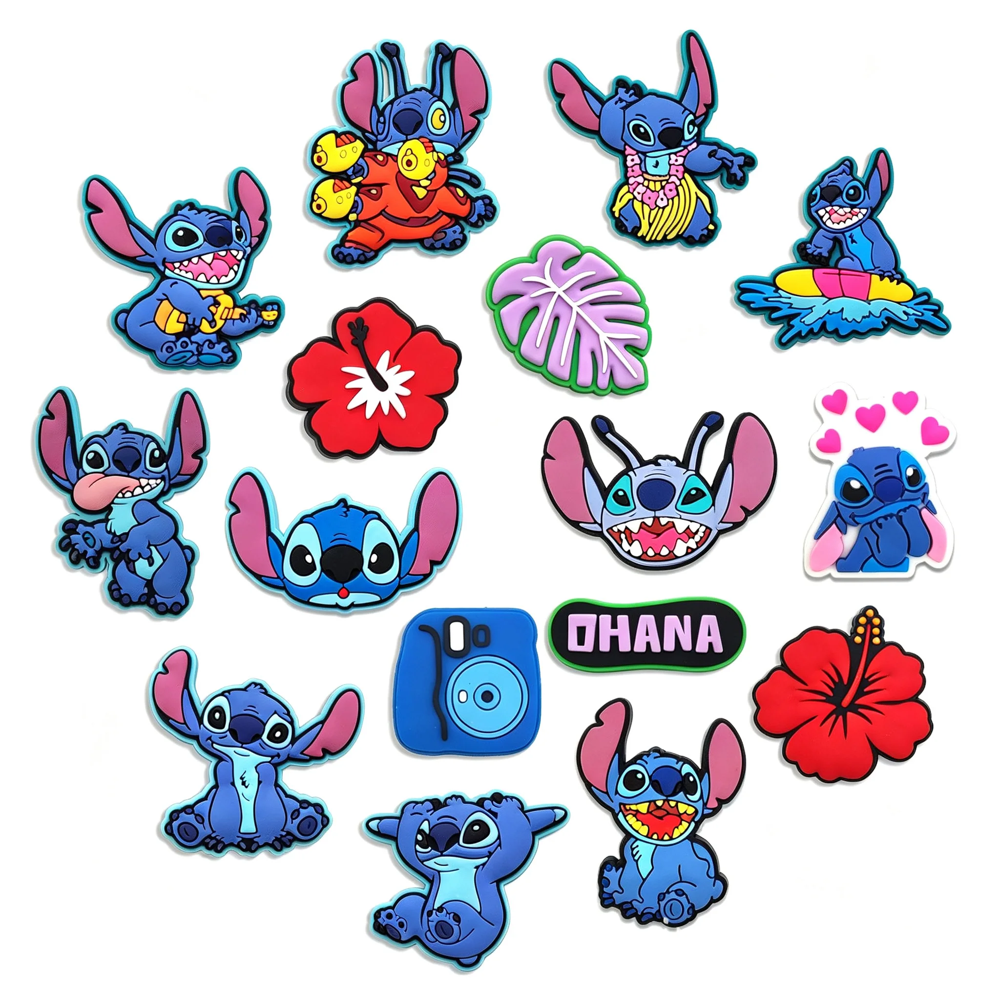 16Pcs New Design Cute Stitch PVC Shoe Charms Blue Alien Hibiscus Flower OHANA Detachable Clog Shoe DIY Accessories Decor Gift