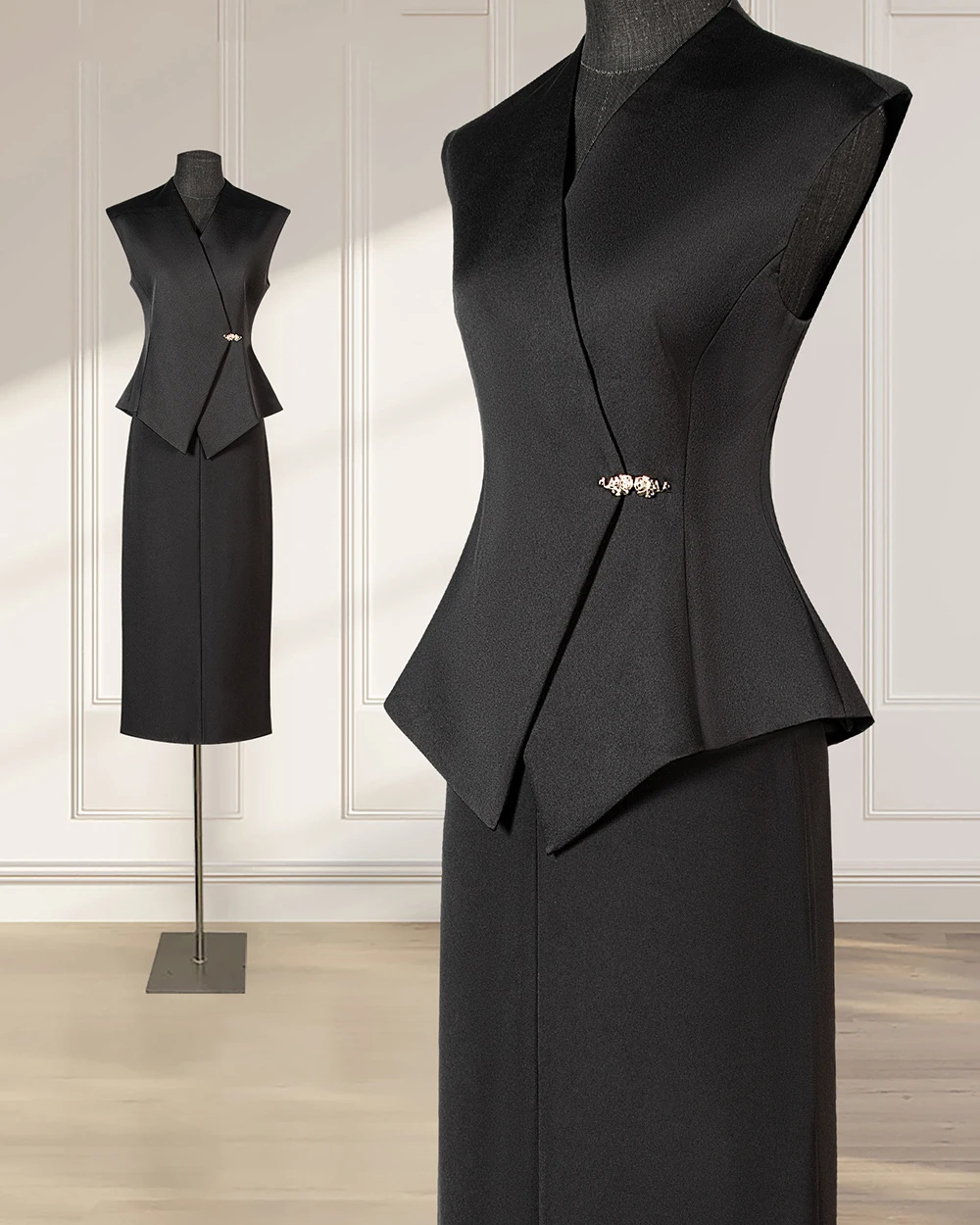 Schwarzer professioneller Anzug für Damen, zweiteiliger Anzug, Businesskleidung, modisches, hochwertiges ärmelloses Westenkleid, Kleider für Damen