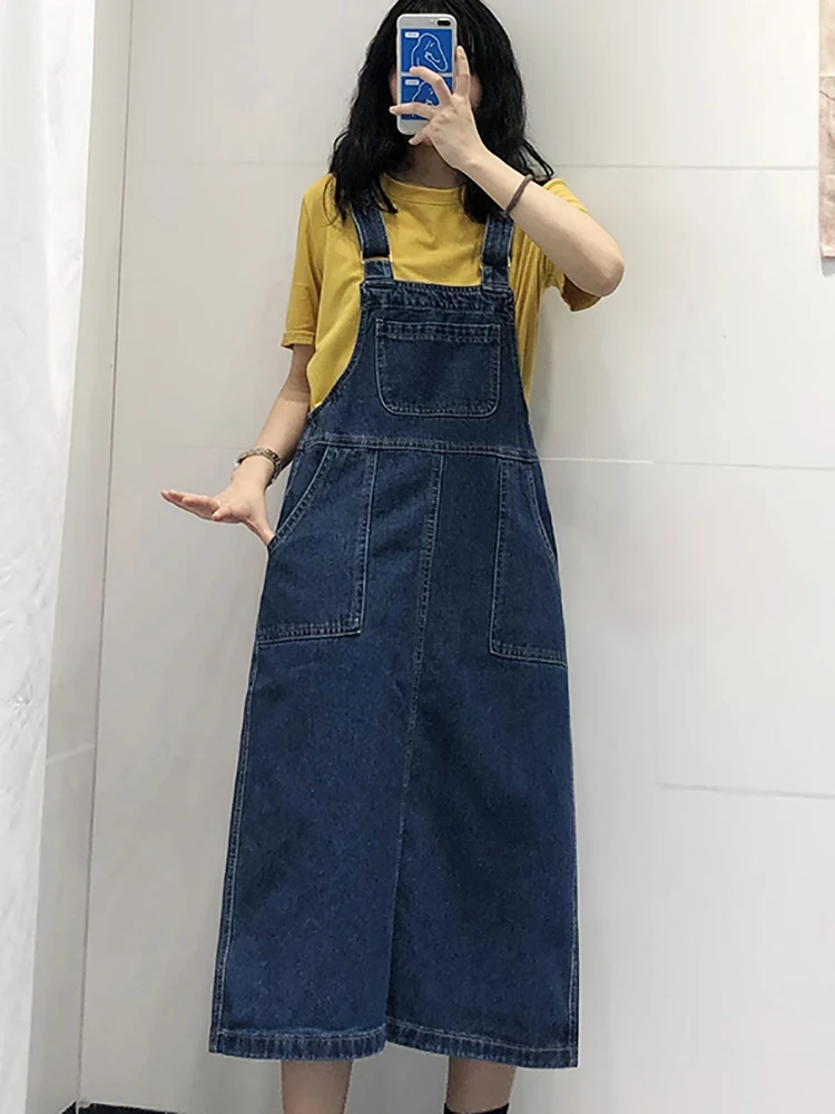 Denim Overall Dress Women Loose Spring Autumn Vintage Mid Length Strap Dress Elegant A-line Female Suspender Vestidos