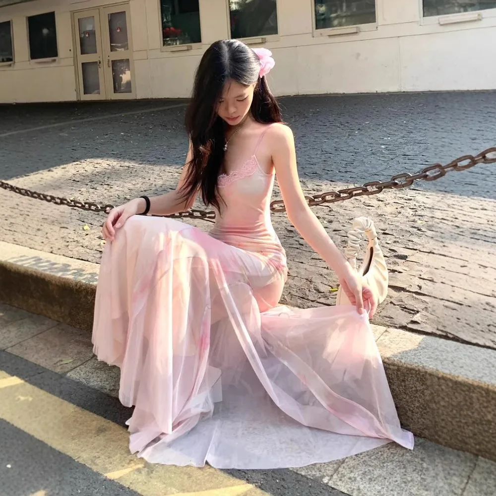 

Women's Floral Printed Rendering Dress, Summer Pink Tulle Skirt, Sexy Hip-hugging, Waist-cinching Slim-fit Mermaid Skirt