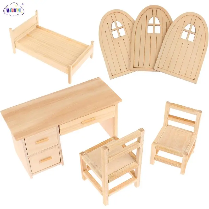 DollHouse Miniature Simulation Mini Furniture Desk Chair Bed Arched Door Model DIY Park Bench Accessories Scene Toys