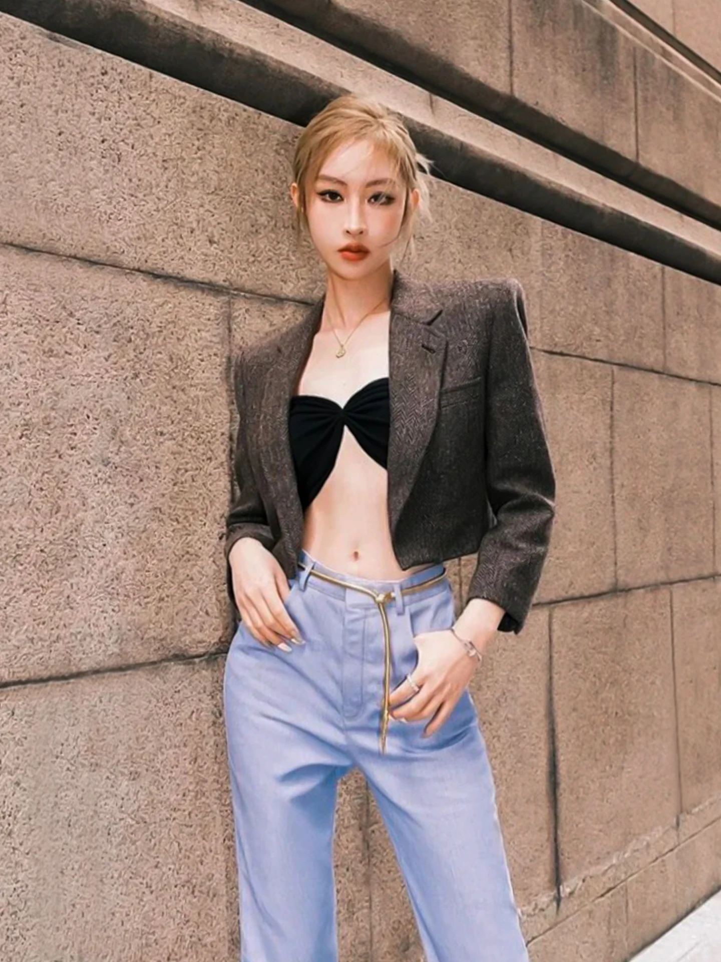 

Caramel Wool Blend ort Suit Jaet Buttonl High Waist ort Length Outerwear for Women Autumn Winter New Arrival