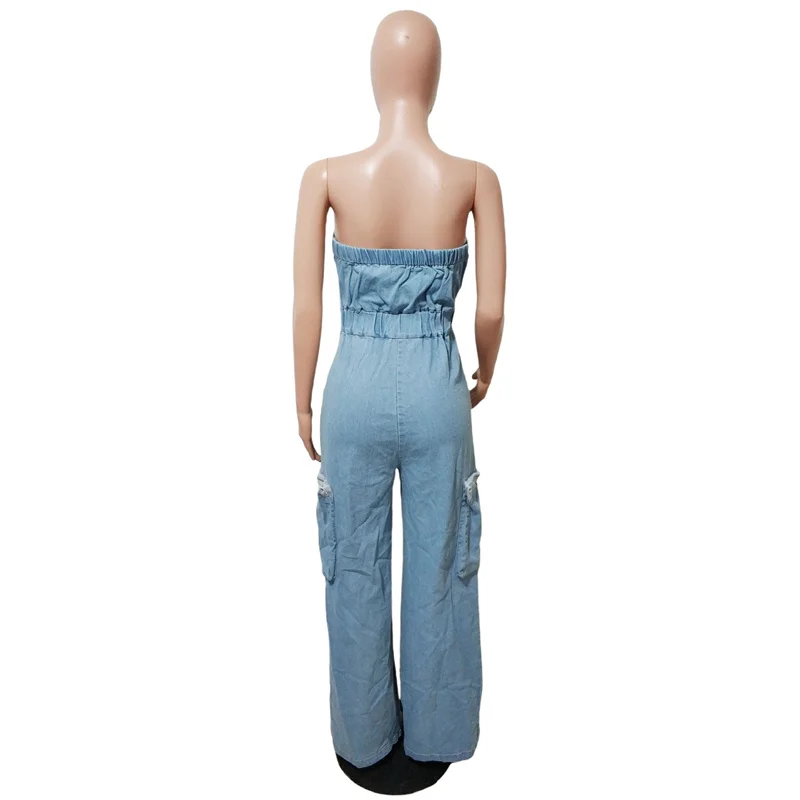 Slergiri-mono de tubo vaquero Cargo frontal con botones para mujer, ropa de calle sexi para discoteca, monos de pierna ancha de cintura alta con bolsillos grandes