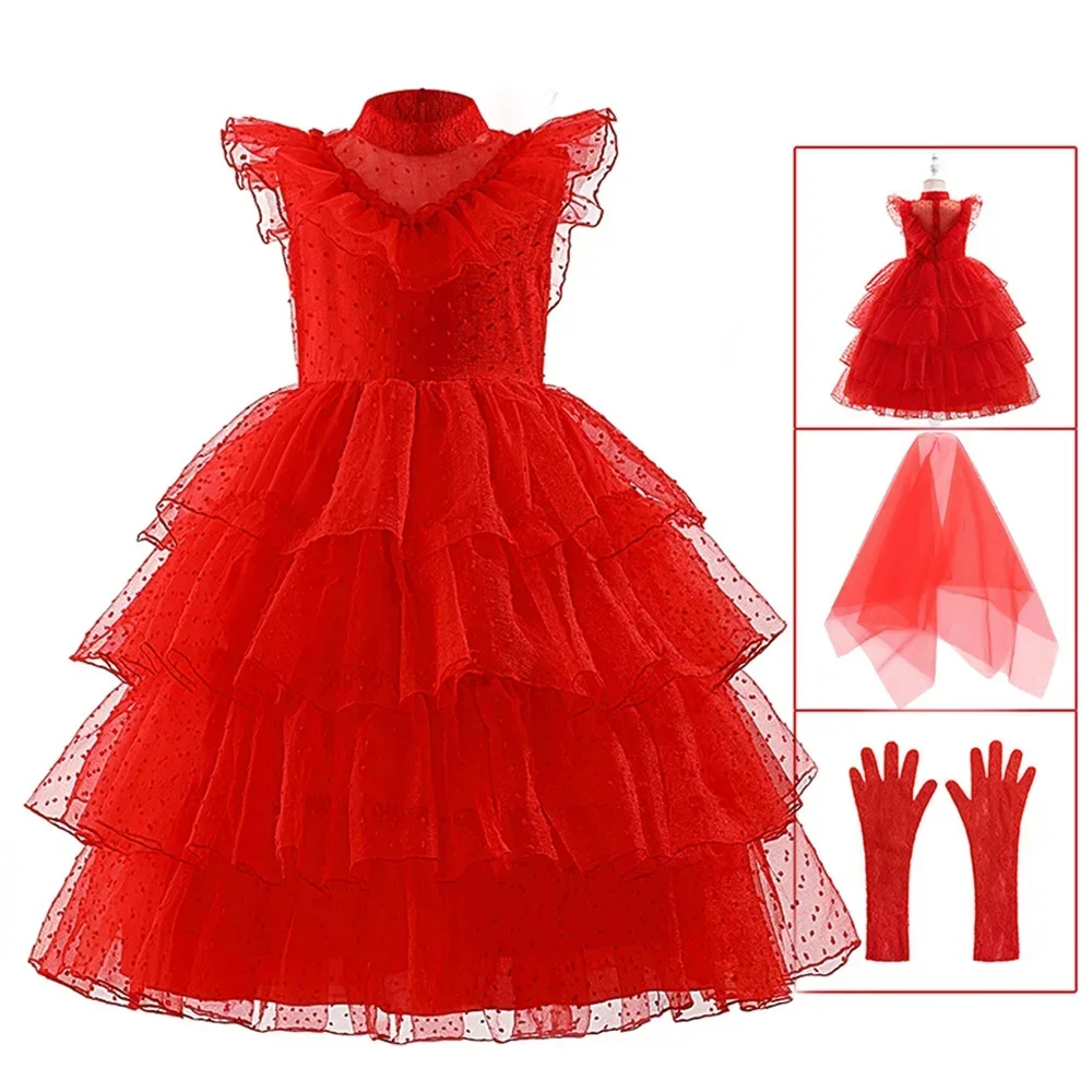 

Lydia Deetz Costume Girls Halloween Costume Kids Red Wedding Dress Horror Ghost Bride Girls Cosplay Dress