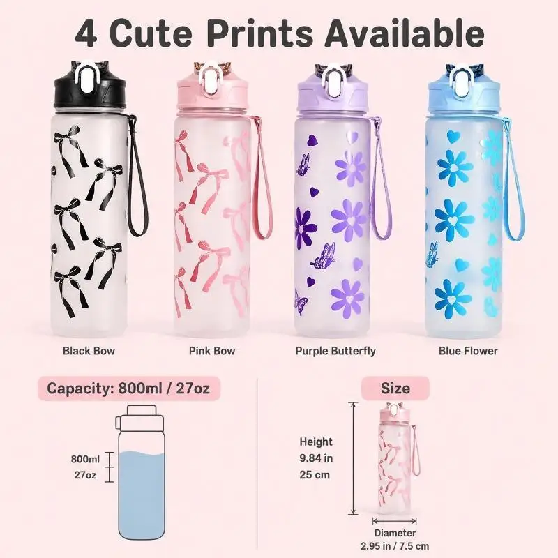 800ML Portable Leakproof Matte PC Water Bottle Cute Bowknot Pattern with Straw Handle for Short Trips Daily Drinking