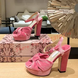 Pink Bowknot Platform Sandals Women Lovely High Chunky Heels Open Toe Satin Shoes Ladies Luxury Summer Luxury Velvet Sandals