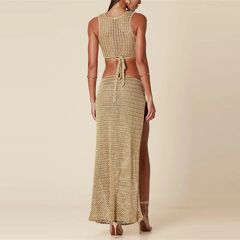 New Summer Hollow Knitted Two Piece Set Casual Solid Beach Cover Up Outfit Sexy V-neck Camisole Top and Long Skirt Women's Suit