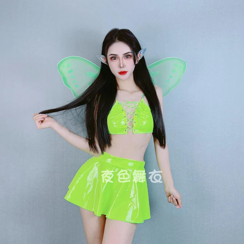 

Bar DJ Clothes Neon Green Tops Skirt Butterfly Wings Nightclub Festival Party Modern Jazz Pole Dance Clothes Rave Outfit DQL7784