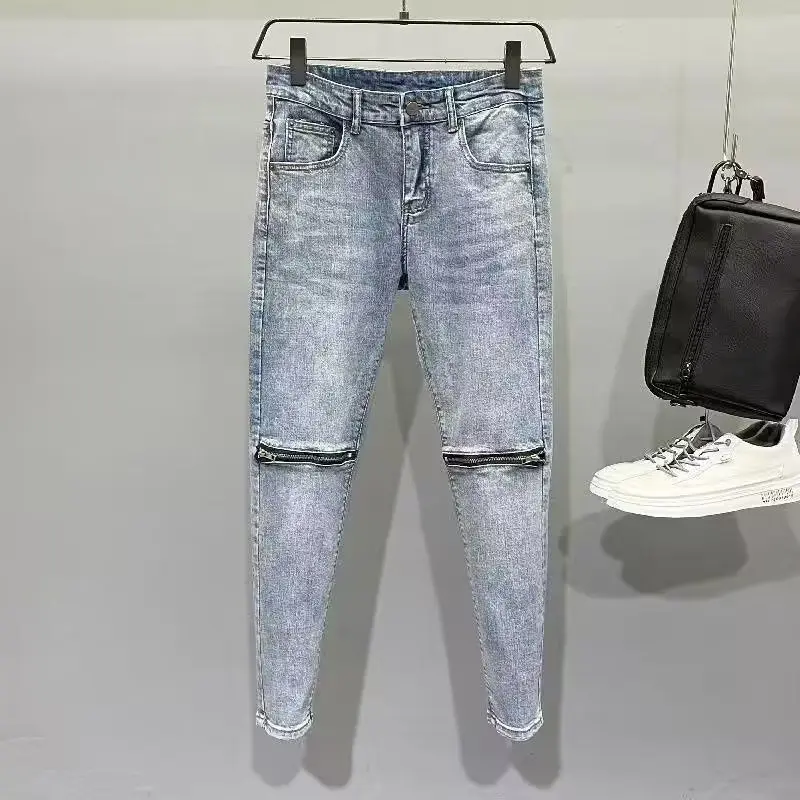 2026 New Knee Zipper Washed Light Blue Jeans Men's Slim-Fit Cropped Pants Korean Style Youth Designer Trend Menswear Clothing