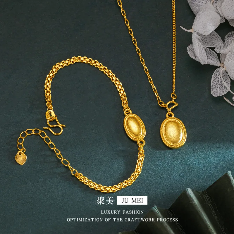 

Luxury 24K 9999 Pure Gold real gold Women's vintage oval bracelet necklace