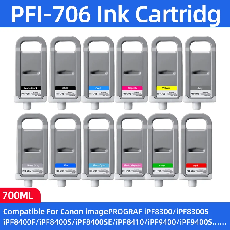 

Картридж с чернилами PFI706 PFI-706 объемом 700 мл с пигментными чернилами, совместимый с принтерами Canon iPF8300, iPF8400F, iPF8410, iPF9400, iPF9410, 8400S.