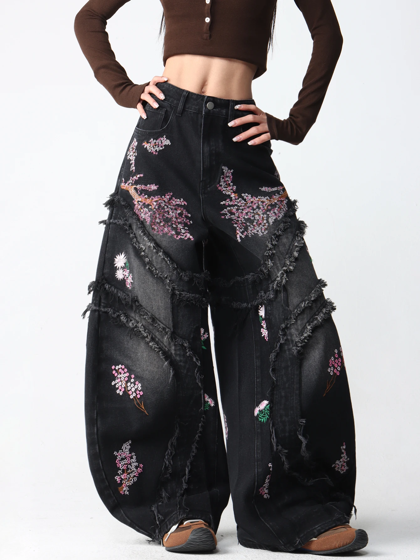 Women's embroidered fringed fringe patchwork curved knife loose trend brand denim pants in US/European size