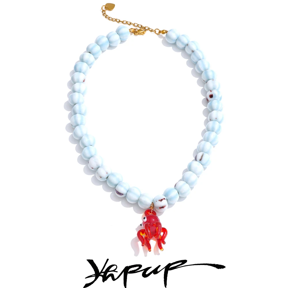 Blue Octopus Pendant Necklace with Ceramic Beads Chain