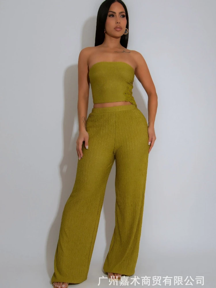 

Pant Set Women Two Piece Sets Strapless Sleeveless Floral Tops Pleated Hollow Out Straight Pants Elastic Waist Y2k Streetwear