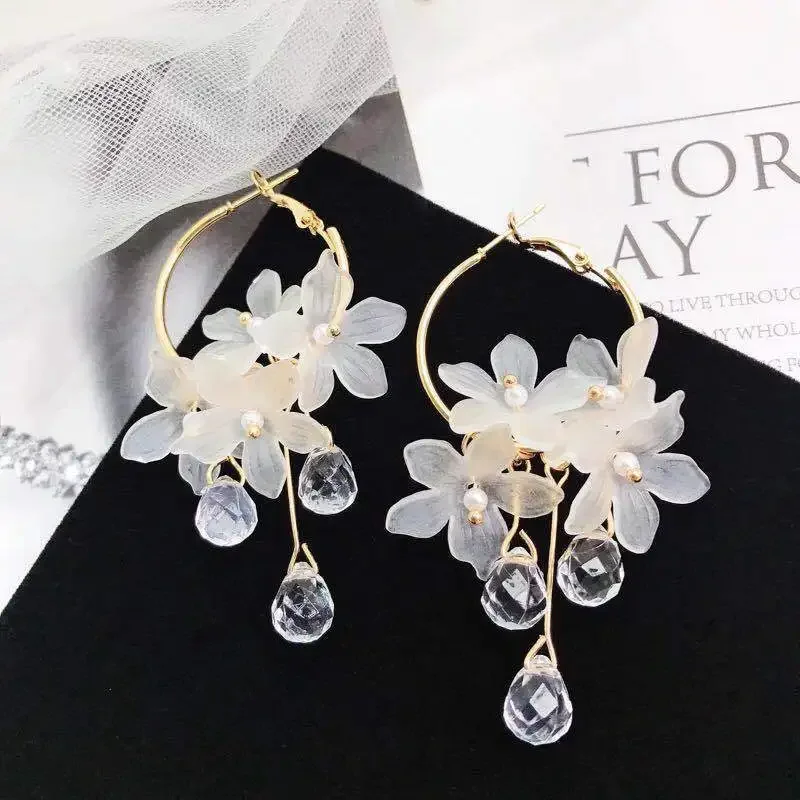 Super Fairy Flower Ring Earrings Female Temperament South Korean Personality Ring Crystal Pendant Earrings Exaggerated Earrings