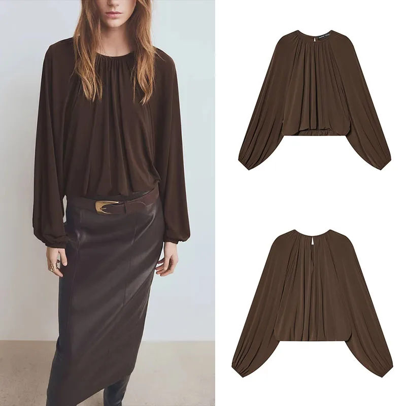 Spring New Arrival Women's Shirt Loose round Neck Lantern Sleeve Smooth Gathered Hemline Casual Fashionable Chinese Style
