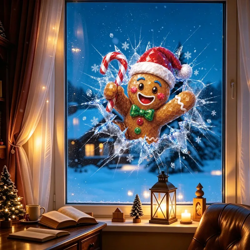 Christmas Gingerbread Man Static Window Clings Shattered Ice Broken Window Effect Glass Stickers Mall Shop Window Holiday Decor