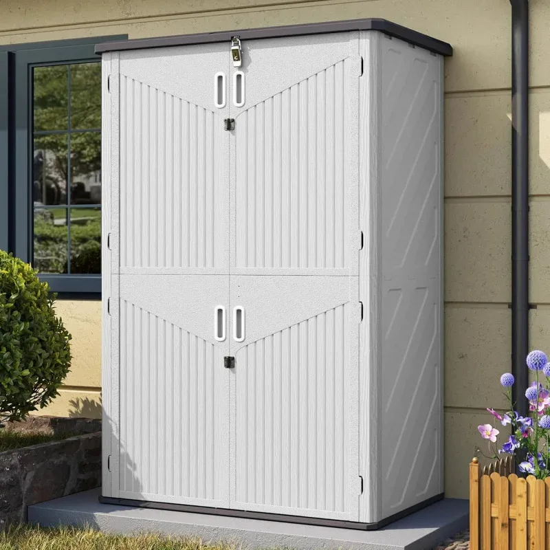 

QWAooxun Resin 64 Cu.Ft Водонепроницаемый вертикальный навес с напольным высоким шкафом для хранения на открытом воздухе для L