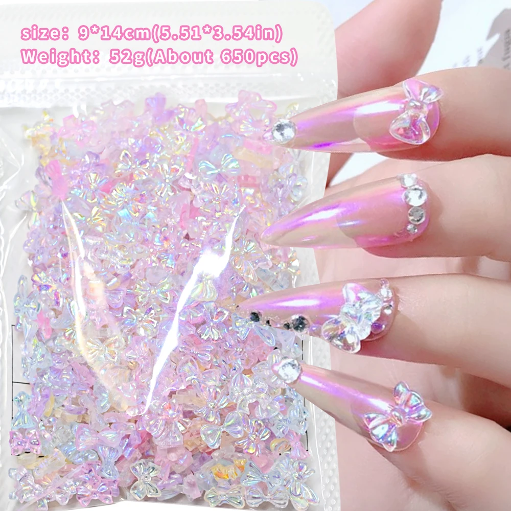 500-650pcs Mixed Aurora Bowknot Heart Nail Art Rhinestones 50g/bag Resin 3D Aurora Ribbon Bow Jewelry Charms Manicure Decoration